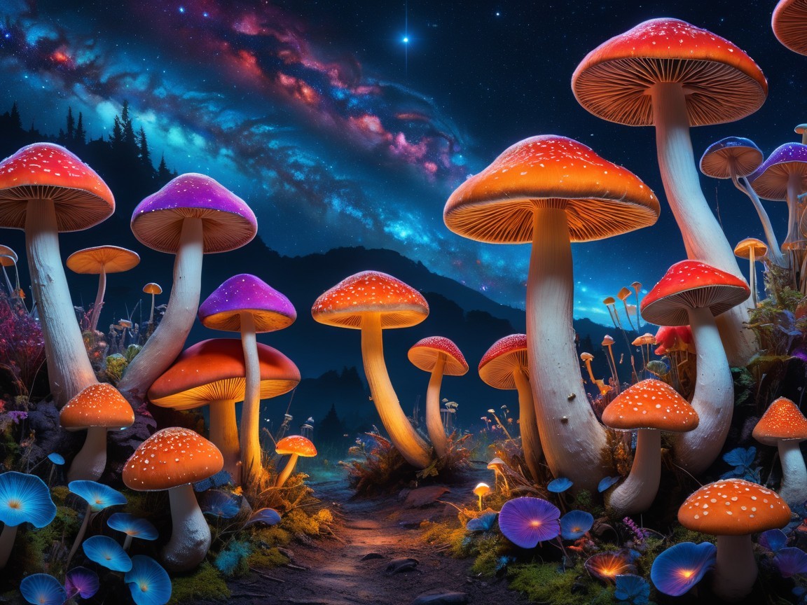 Vibrant Landscape with Luminous Mushrooms and Stars