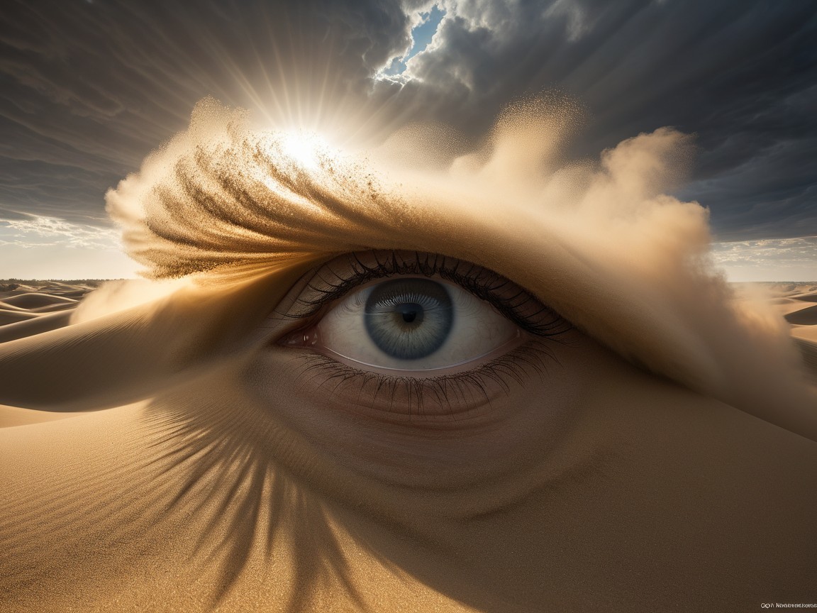 Surreal Desert Landscape with Giant Eye and Clouds