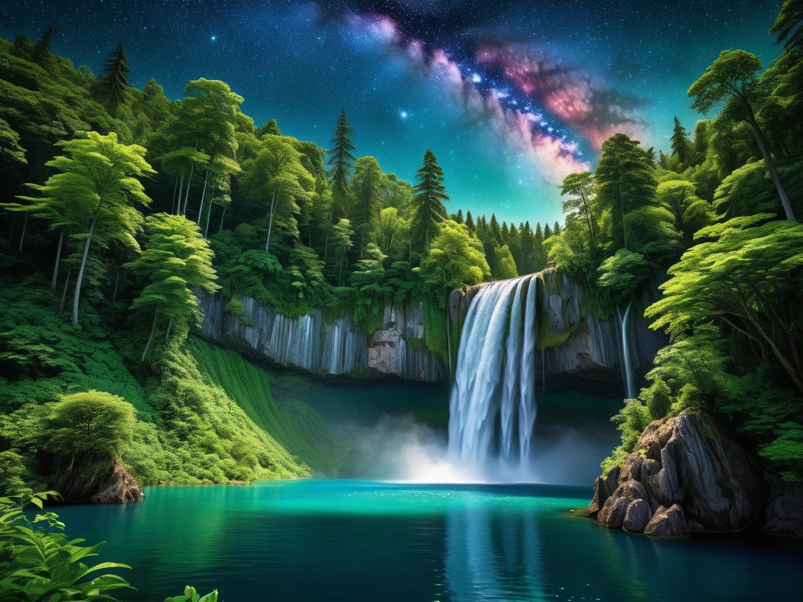 Majestic waterfall and turquoise lake in serene landscape