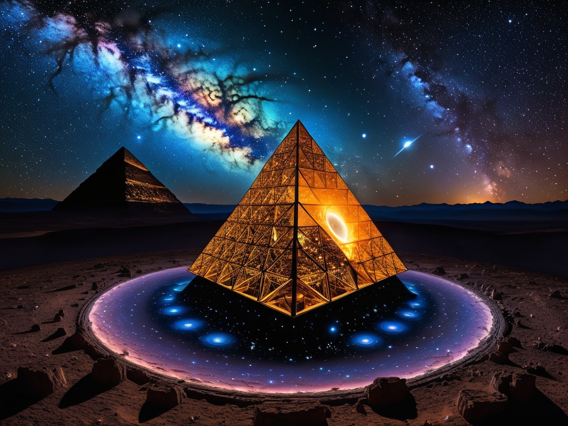 Cosmic Landscape with Pyramids and Starry Sky