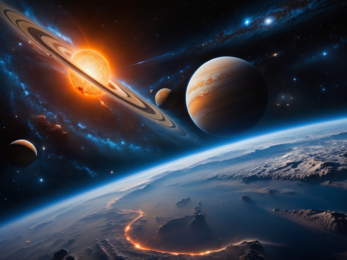 Vibrant Cosmic Scene with Planets and Galaxies