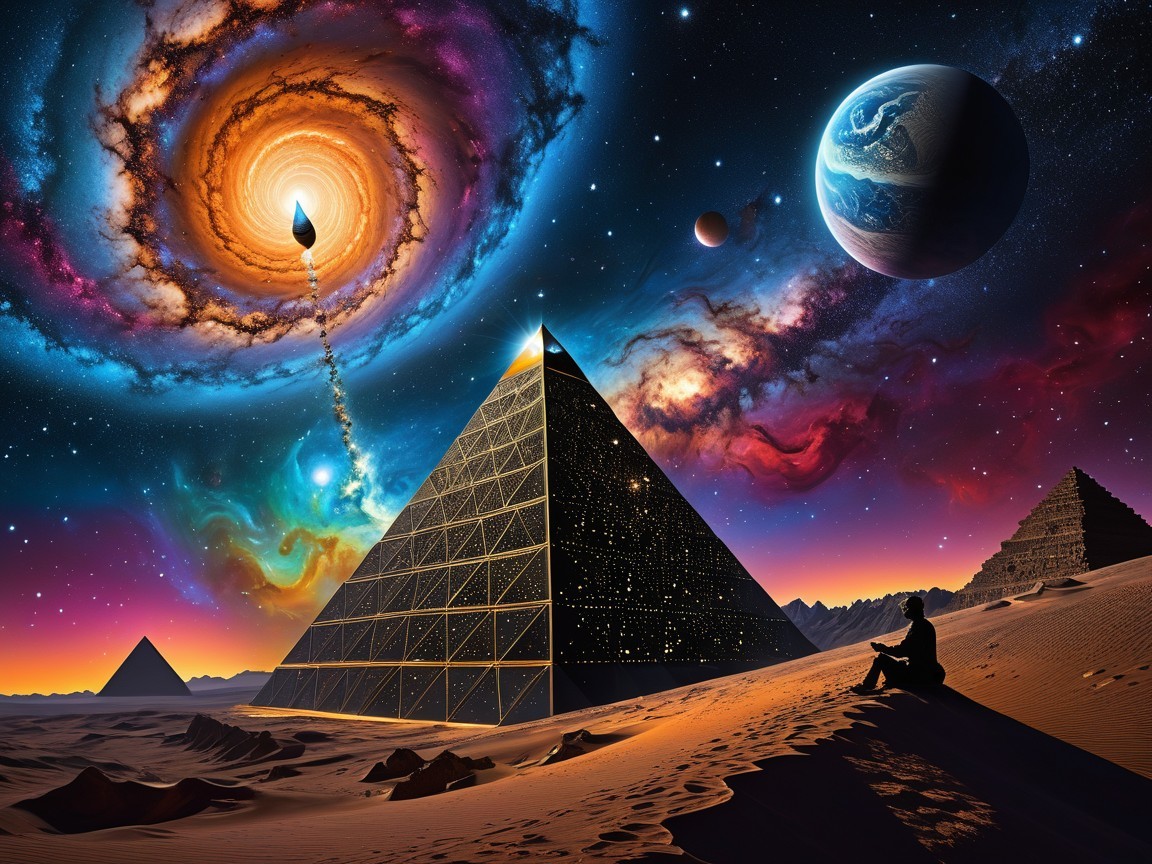 Futuristic desert landscape with glowing pyramids at twilight