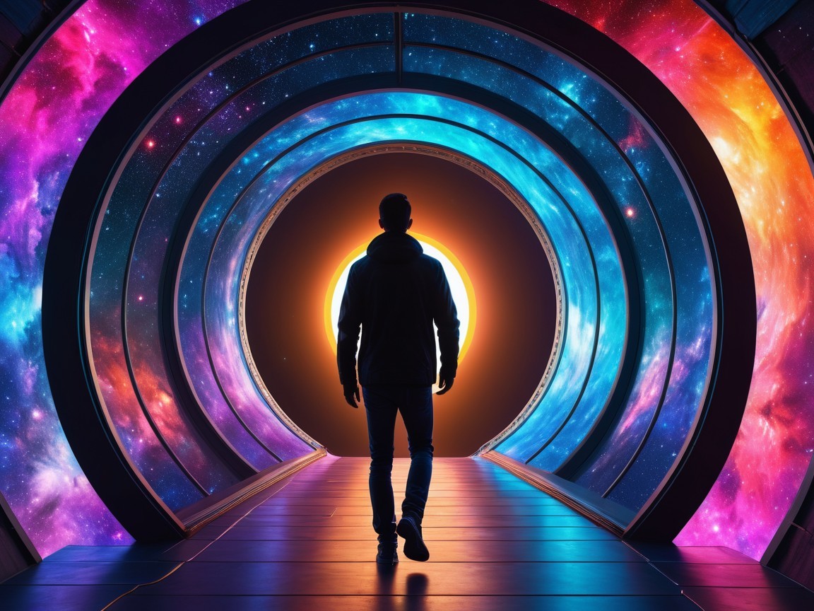 Silhouette at Cosmic Tunnel Entrance with Galaxies