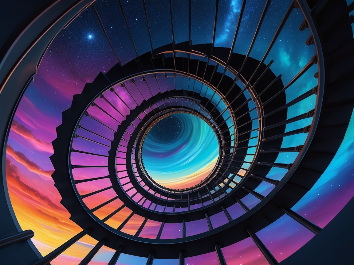 Spiral Staircase Against a Cosmic Colorful Sky