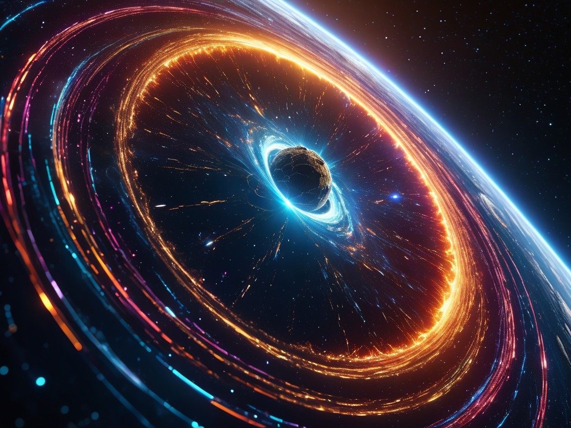 Cosmic Scene with Dark Planet and Vibrant Energy Rings