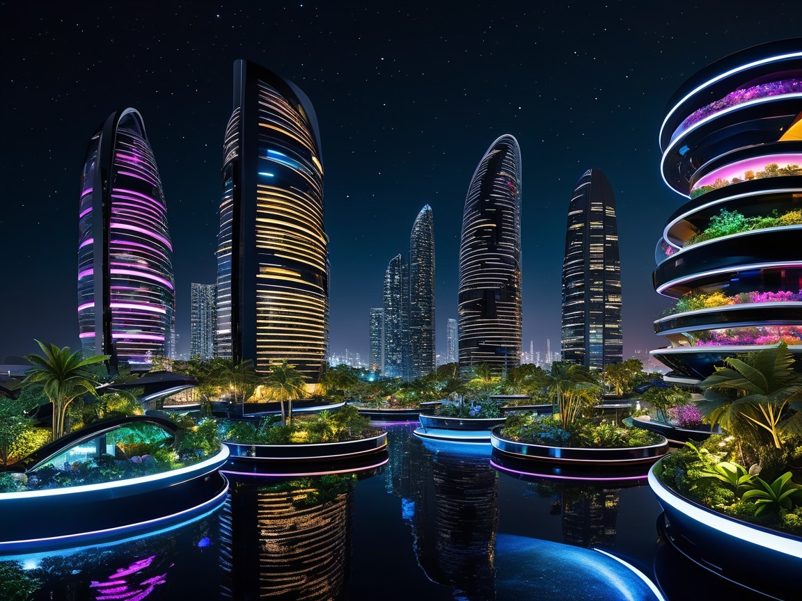 Futuristic Cityscape with Vibrant Night Illumination