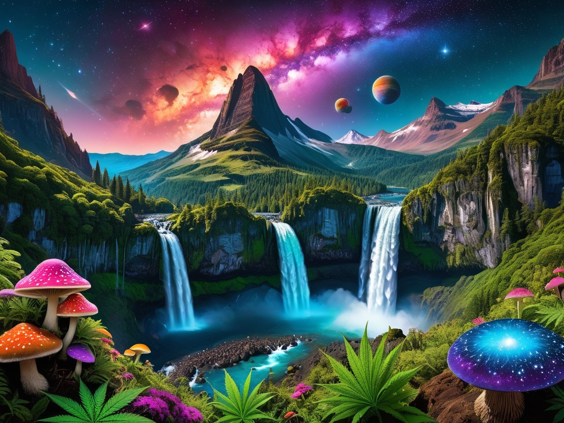 Majestic Fantasy Landscape with Waterfalls and Galaxies