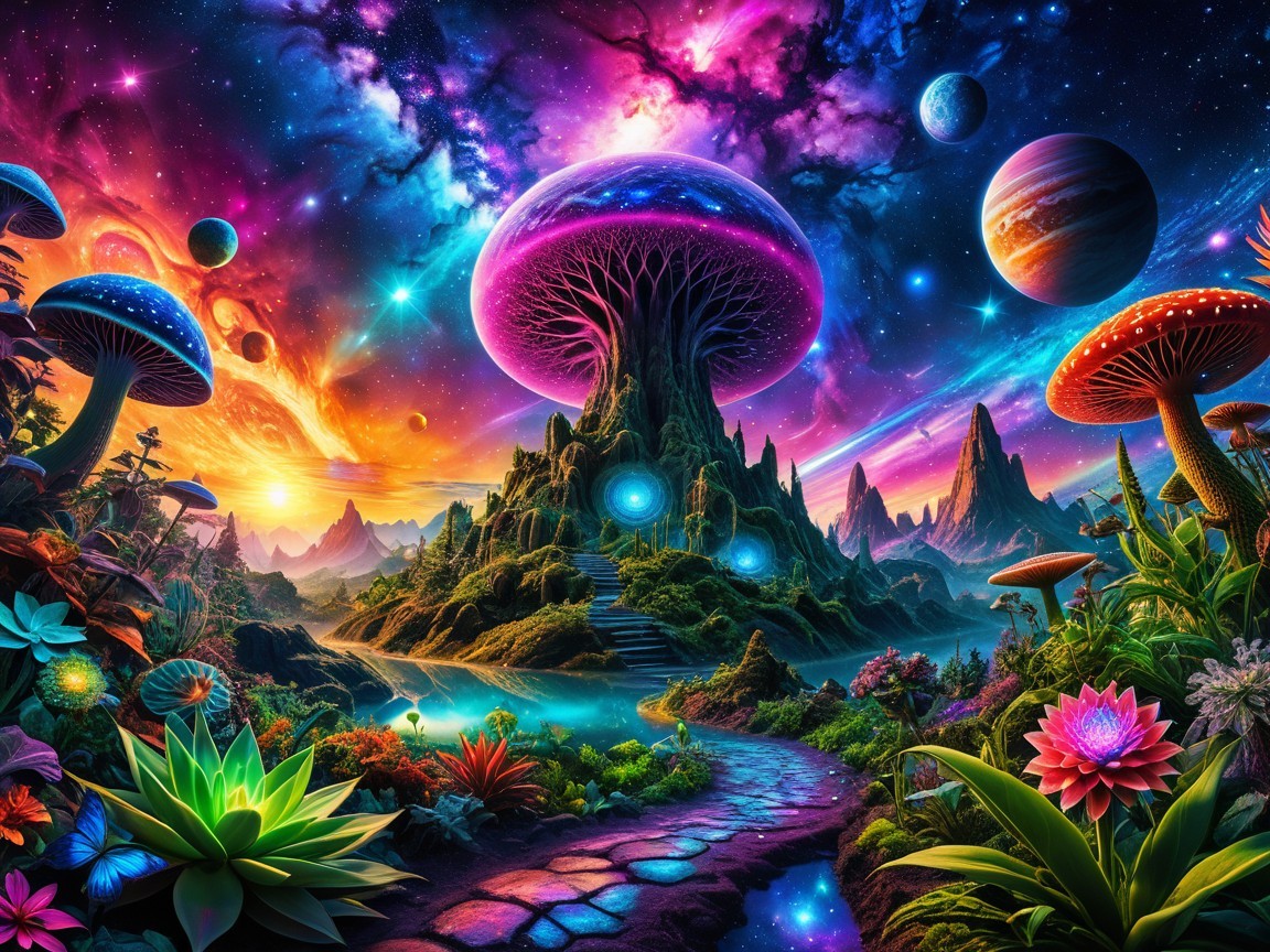 Vibrant Alien Landscape with Luminescent Mushrooms