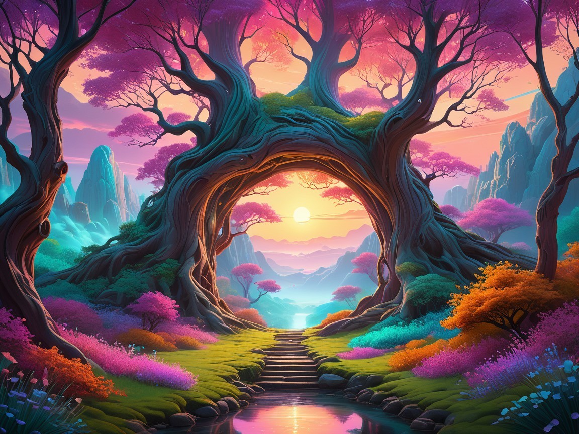 Magical landscape with vibrant trees and serene waterway