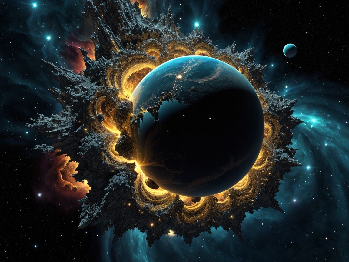 Cosmic Scene with Dark Planet and Luminous Fractals