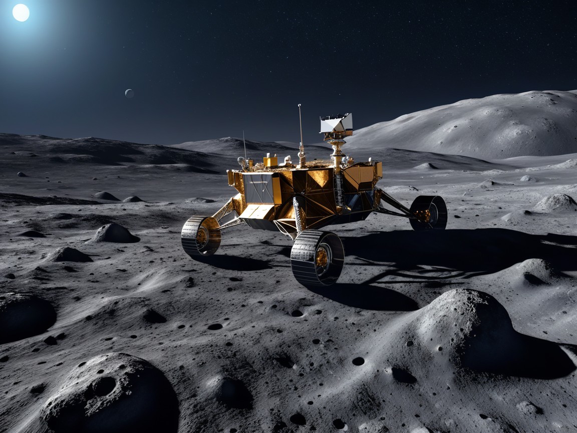 Lunar Rover Exploring Rugged Moon Terrain with Craters