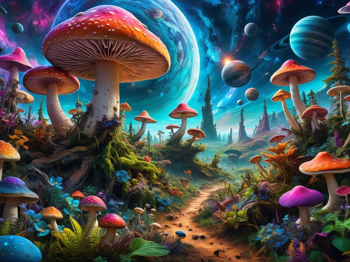 Whimsical Landscape with Colorful Mushrooms and Cosmos