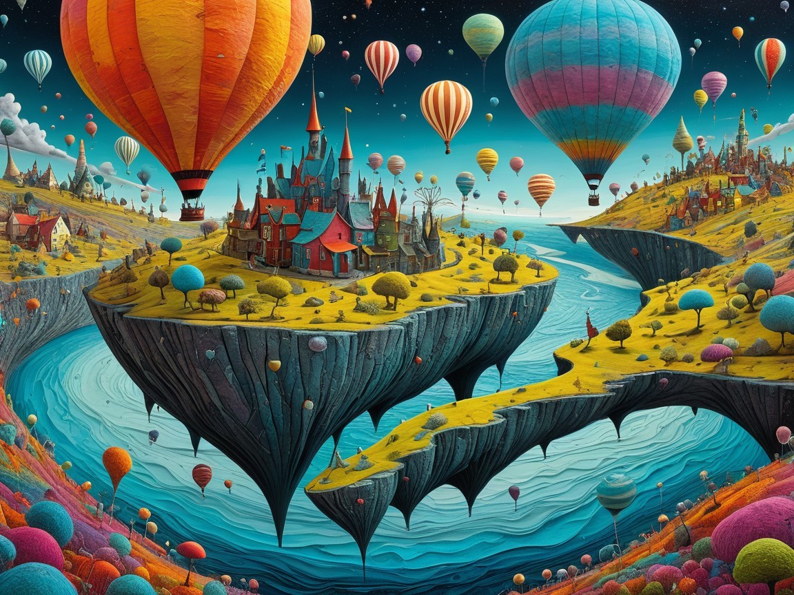 Whimsical Landscape with Hot Air Balloons and Castle