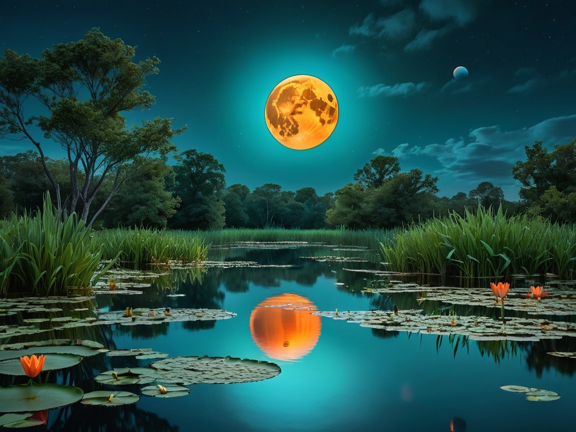 Moonlit Landscape with Pond and Water Lilies