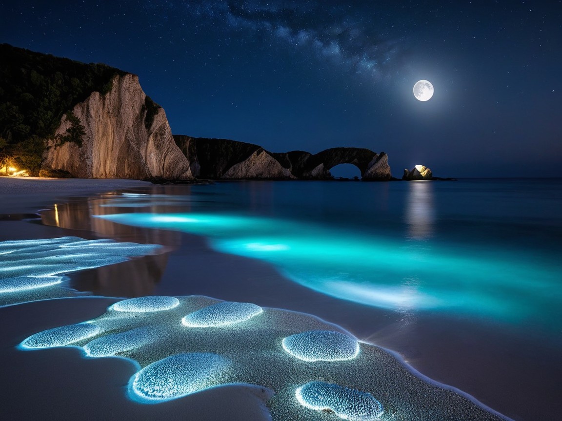 Tranquil Beach Scene with Moonlit Coastline and Waves