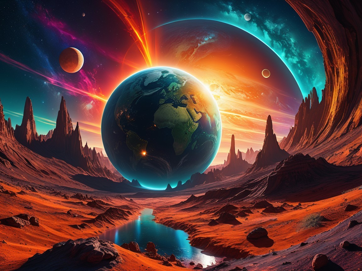 Vibrant Alien Landscape with Red Terrain and Planets