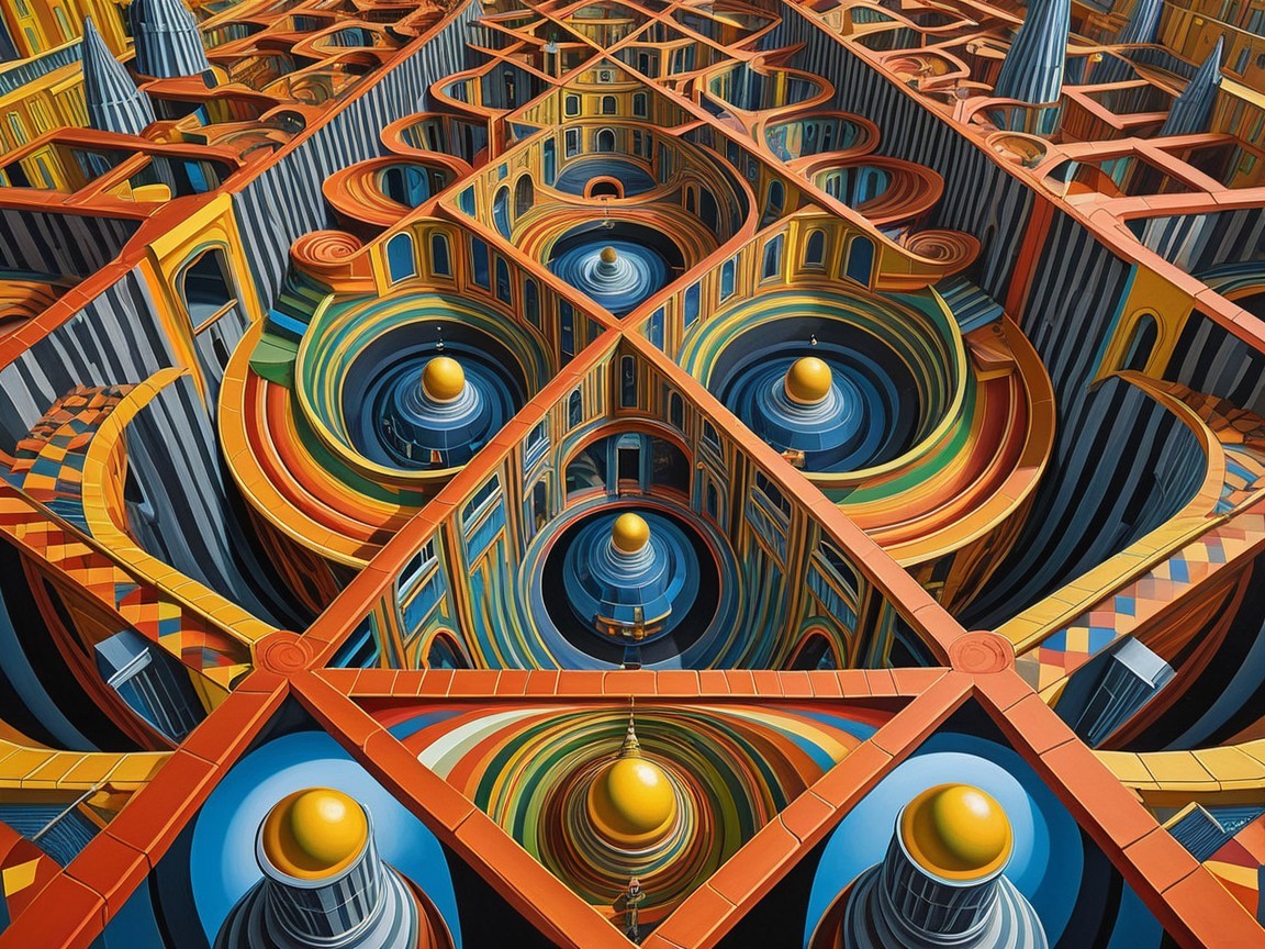 Vibrant Geometric Landscape with Swirling Patterns