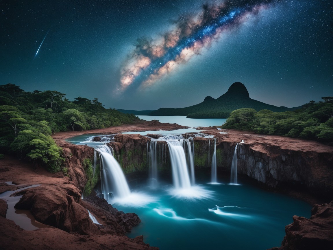 Cascading Waterfalls and Milky Way in Serene Landscape