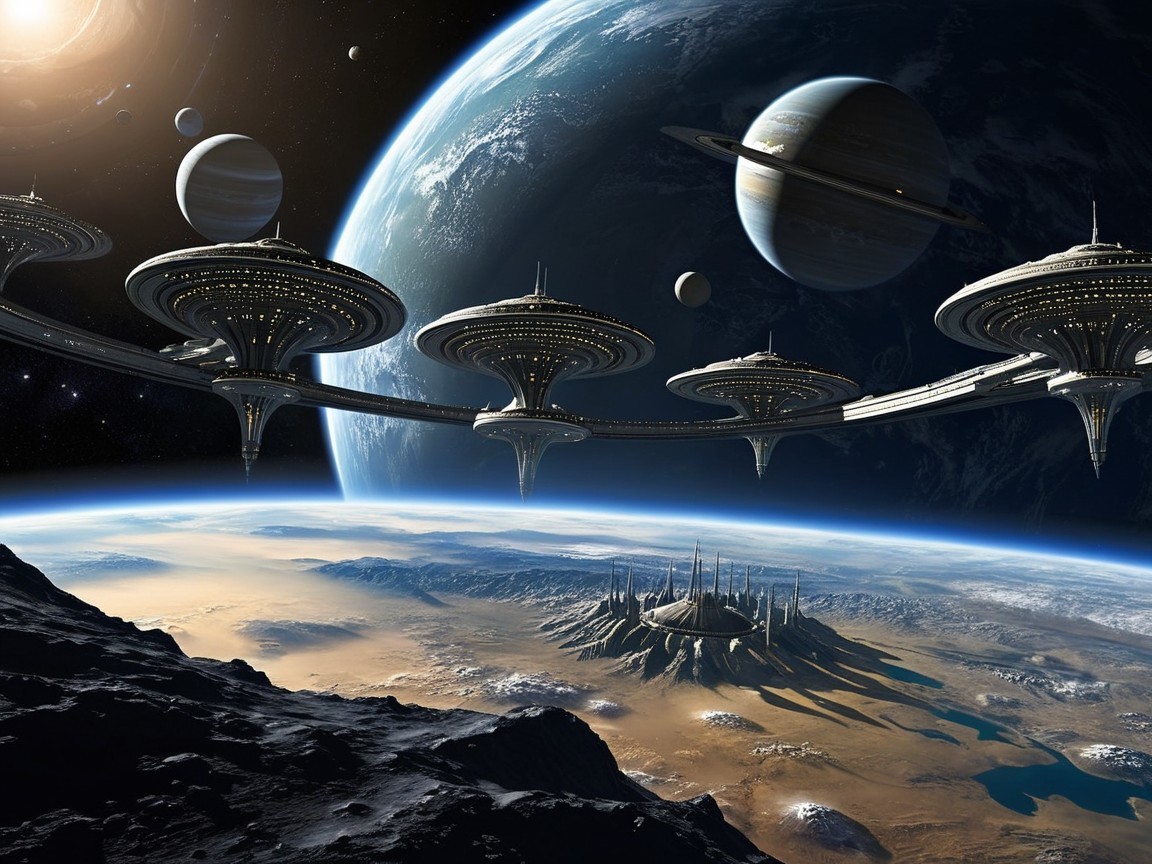 Futuristic Space Stations and Alien Cityscape in Cosmos
