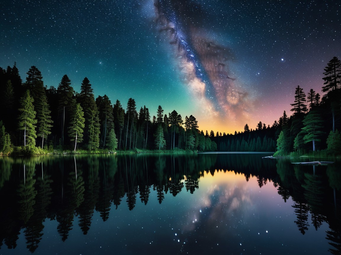 Tranquil Lake with Evergreen Trees and Night Sky