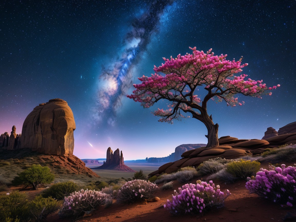 Vibrant Pink Tree in Starry Desert Landscape
