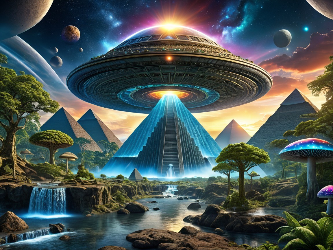 Alien Spaceship Over Futuristic Pyramid in Nature