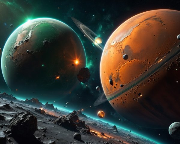 Vibrant Cosmic Landscape with Planets and Rings
