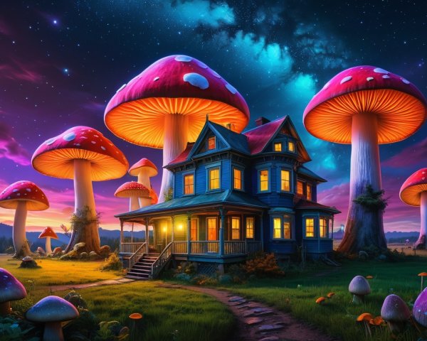 Victorian House Surrounded by Oversized Mushrooms