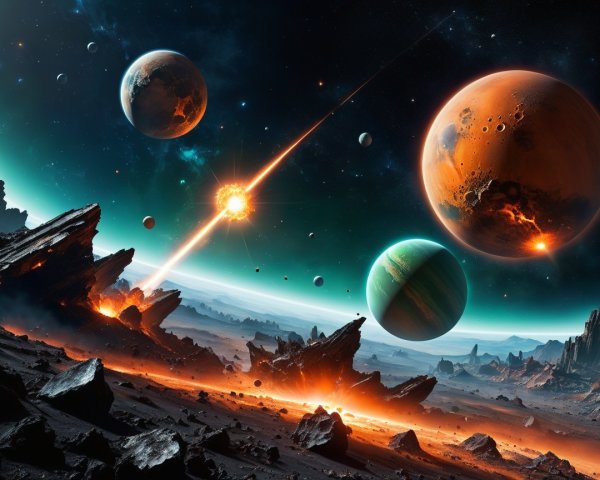 Vibrant Cosmic Landscape with Colorful Planets and Asteroids