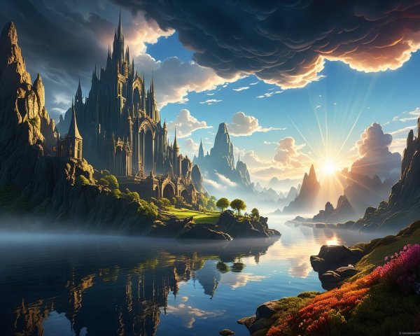 Majestic Castle on Cliffs with Lush Greenery and Lake