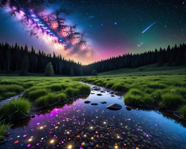 Serene Night Landscape with River and Starry Sky