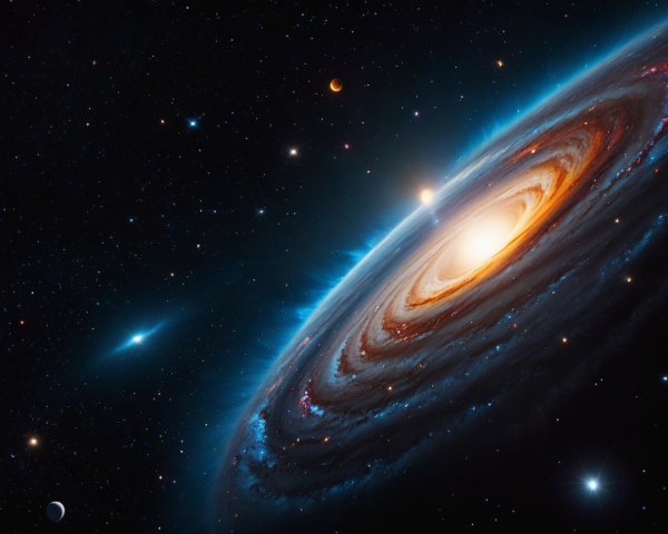 Vibrant Galaxy with Spiral Arms and Celestial Bodies