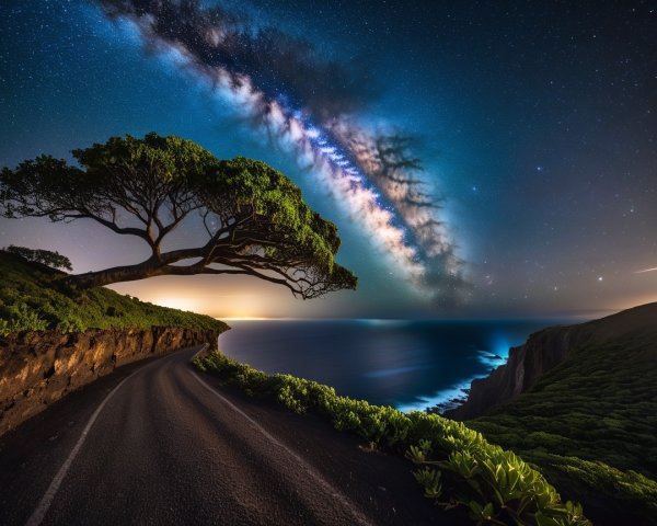 Coastal Road Under Starry Sky with Milky Way