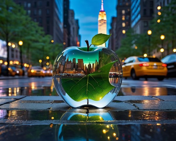 Transparent Apple Structure Reflecting City Skyline