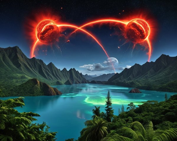 Tranquil Lake Surrounded by Majestic Mountains and Flames