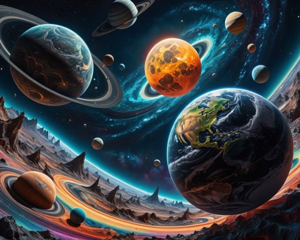 Cosmic Scene with Vibrant Planets and Starry Background