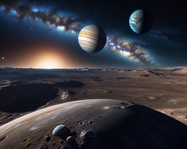Cosmic Landscape with Planets and Starry Galaxy