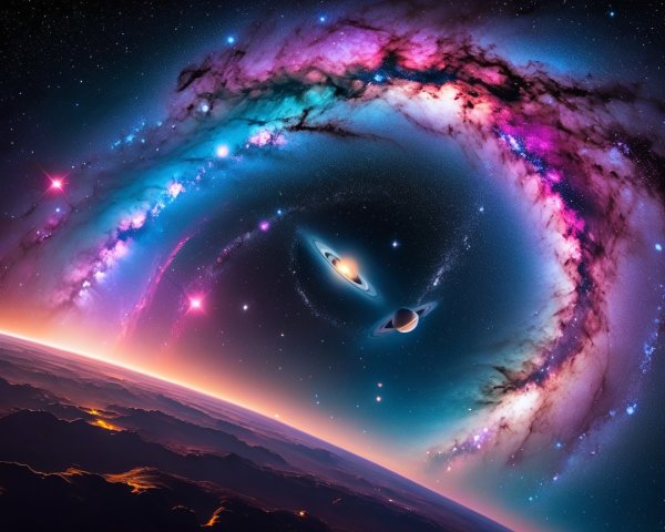 Vibrant Cosmic Scene with Galaxy and Saturn's Rings
