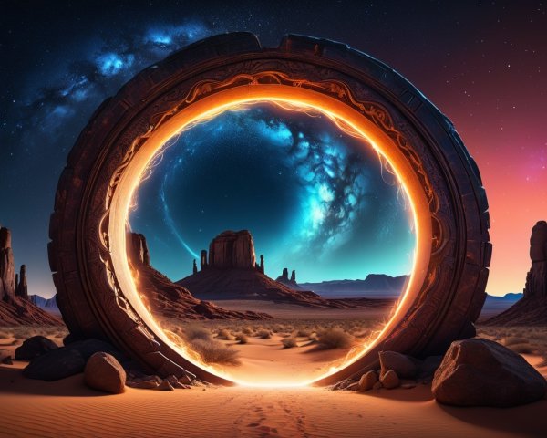 Mystical Portal in Desert with Cosmic Galaxy View