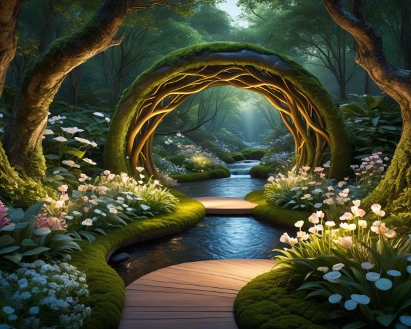 Enchanted forest scene with mossy arch and stream
