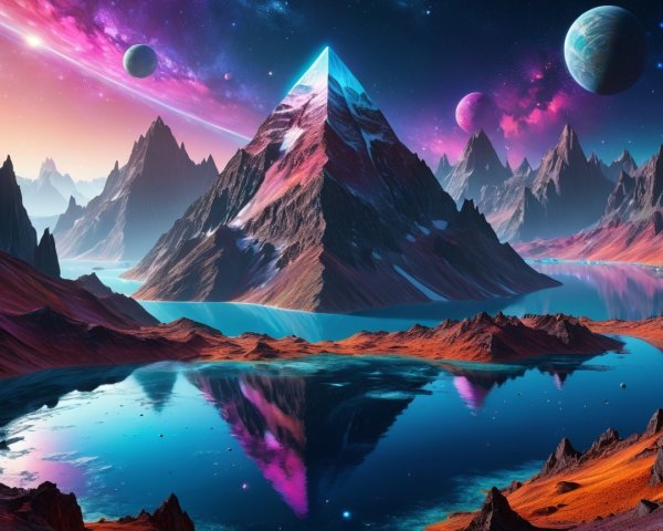 Vibrant Otherworldly Landscape with Glowing Pyramid