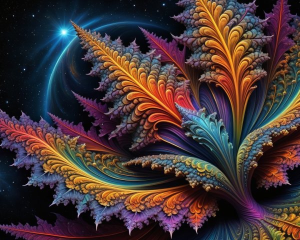 Vibrant Fractal Design with Cosmic Backdrop