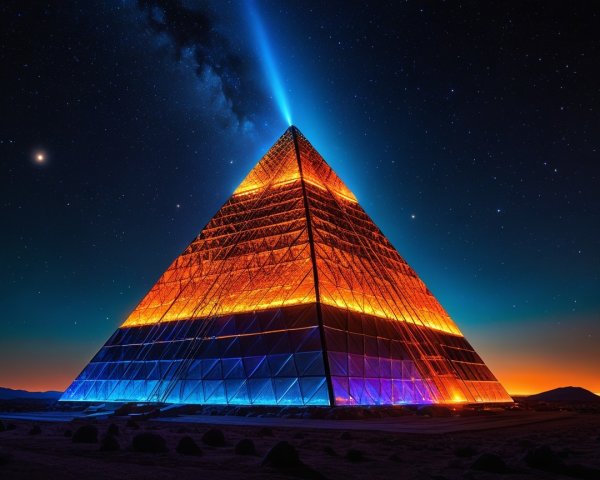 Illuminated Pyramid Under Starry Sky with Light Beam