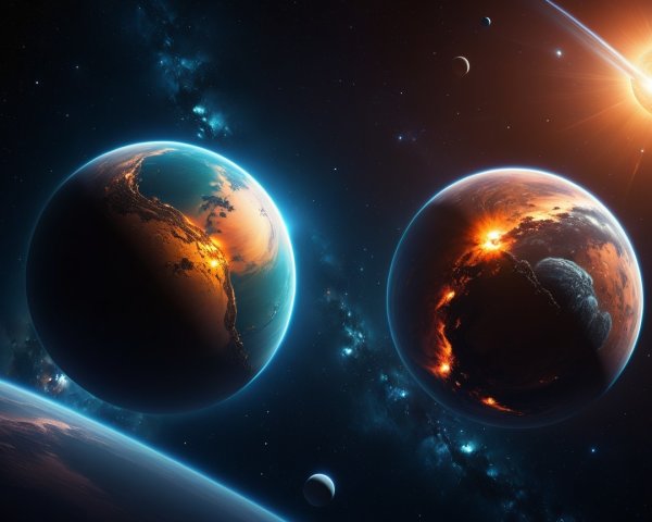 Vibrant Cosmic Scene with Two Orbiting Planets