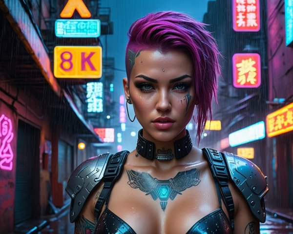 Cyberpunk Portrait of a Young Woman in Rainy Setting
