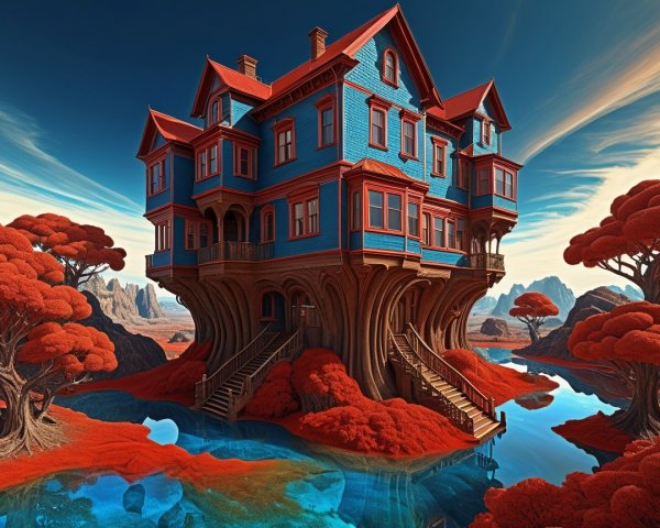 Multistoried House on Tree Trunks in Surreal Landscape