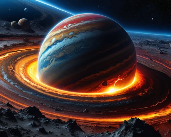 Colossal Planet with Fiery Rings in Space Scene