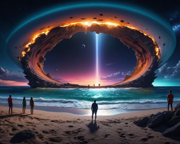 Surreal Cosmic Ring Over Beach at Sunset Scene