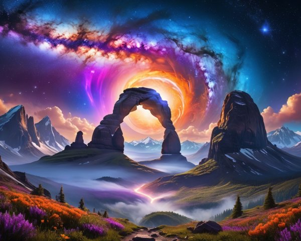 Vibrant Galaxy Over Majestic Rock Arch Landscape