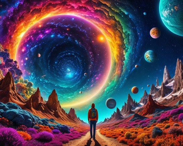 Cosmic Landscape with Colorful Portal and Mountains